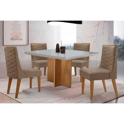 Sala de Jantar Berlim Curvo 4 Lugares Tampo em Vidro com Cadeiras Estofadas Off White 90CM Móveis