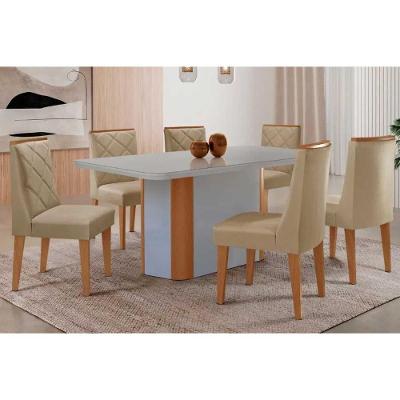 Conjunto de Jantar Pietá 6 Lugares Tampo MDF com Vidro Curvo Off White 180CM Móveis Rufato
