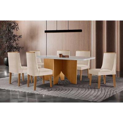 Conjunto de Jantar Nevada Curvo 6 Lugares Tampo MDF Cadeiras Estofadas Amadeirado 180CM Móveis