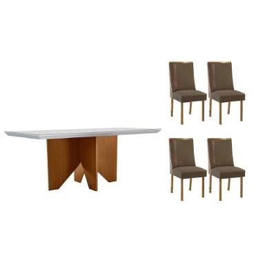 Sala de Jantar Mesa Nevada Curvo 4 Lugares Tampo MDF com Cadeiras Estofadas em Suede 120CM Móveis