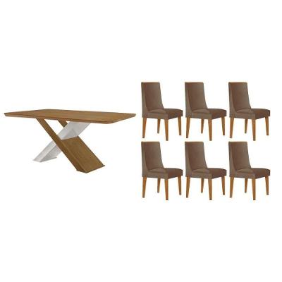 Sala de Jantar Imperatriz Curvo 6 Lugares Tampo em MDF Amadeirado 180CM Móveis Rufato