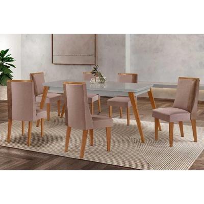 Sala de Jantar Havana Curvo 6 Lugares Tampo MDF Cadeiras Estofadas Off White 180CM Móveis Rufato