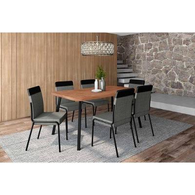 Conjunto de Jantar Stellar 6 Lugares Tampo MDF Cadeiras Corino Preto 160CM Móveis Carraro