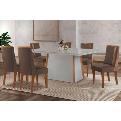 Conjunto de Jantar Tilia Curvo 6 Lugares Tampo MDF Cadeiras Suede Amadeirado 180CM Móveis Rufato