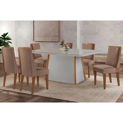 Conjunto de Jantar Tilia Curvo 6 Lugares Tampo MDF Cadeiras Estofadas Suede Off White 180CM Móveis