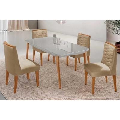 Conjunto de Jantar Havana Curvo 4 Lugares Tampo MDF com Bordas Arredondadas Off White 120CM Móveis