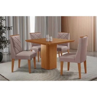 Conjunto de Jantar Maldivas 4 Lugares Tampo MDF Bordas Arredondadas Amadeirado 90X90CM Móveis Rufato