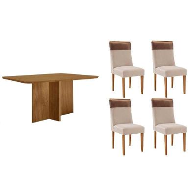 Conjunto de Jantar Berlim Curvo 4 Lugares Tampo MDF Bordas Arredondadas Creme 120CM Móveis Rufato