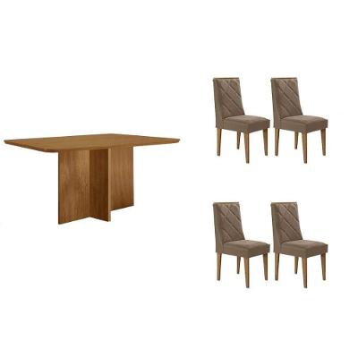 Conjunto de Jantar Berlim Curvo 4 Lugares Tampo MDF com Cadeiras Estofadas Corino Capuccino 120CM