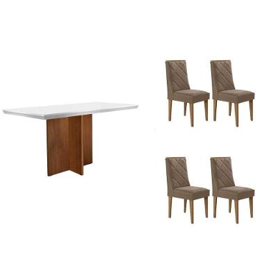 Conjunto de Jantar Berlim Curvo 4 Lugares Tampo MDF Bordas Arredondadas Off White 120CM Móveis