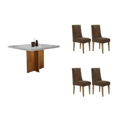 Conjunto de Jantar Berlim Curvo 4 Lugares Tampo MDF Cadeiras Estofadas Linho Capuccino 90CM Móveis