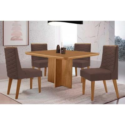 Conjunto de Jantar Berlim Curvo 4 Lugares Tampo MDF com Cadeiras Estofadas Suede Marrom 90CM Móveis
