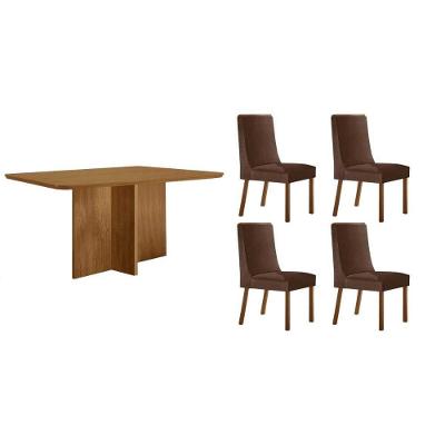 Conjunto Berlim Curvo 4 Lugares Tampo MDF com Cadeiras Estofadas Suede Marrom 120CM Móveis Rufato