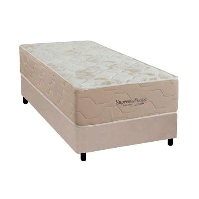 Cama Box com Colchão Solteiro Supreme Pillow Top Molas Ensacadas Tecido Liso Bege