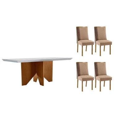 Sala de Jantar Mesa Nevada Curvo 4 Lugares Tampo MDF com Cadeiras Estofadas Amadeirado 120CM Móveis