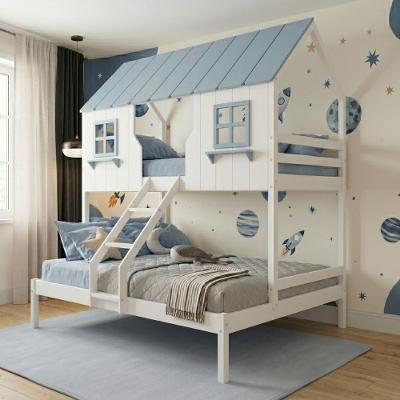 Beliche Casal Solteiro Casinha dos Sonhos com Escada Madeira Maciça Branco e Azul Housin