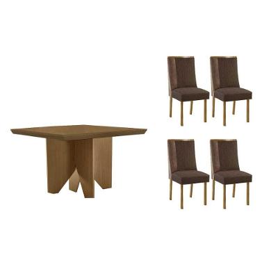 Sala de Jantar Nevada 4 Lugares Tampo MDF com Cadeiras Estofadas Suede Marrom 90X90CM Móveis Rufato