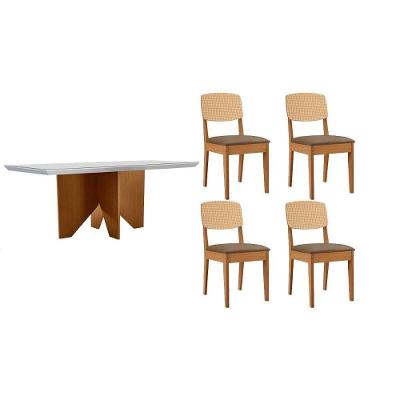 Sala de Jantar Nevada Curvo 4 Lugares Tampo MDF Cadeiras Suede Capuccino e Off White 120CM Móveis