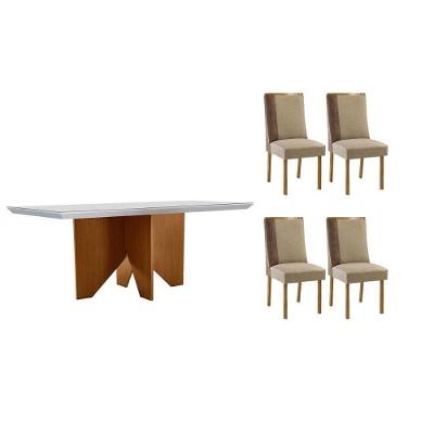 Sala de Jantar Mesa Nevada Curvo 4 Lugares Tampo MDF com Cadeiras Suede Off White e Capuccino 120CM