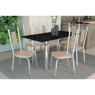Sala de Jantar Elba 6 Lugares Tampo em Vidro Base Cromada Amadeirado 160CM Kappesberg