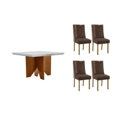 Sala de Jantar Mesa Nevada Curvo 4 Lugares Tampo MDF Cadeiras Estofadas Suede Amadeirado 90CM Móveis
