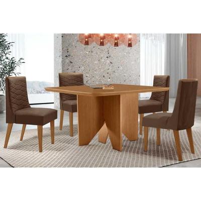 Sala de Jantar Mesa Nevada 4 Lugares Tampo MDF com Canto Curvo 90x90cm Suede Marrom Móveis Rufato