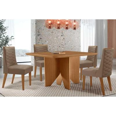 Sala de Jantar Nevada 4 Lugares Tampo MDF Canto Curvo 90x90cm Suede Capuccino Móveis Rufato