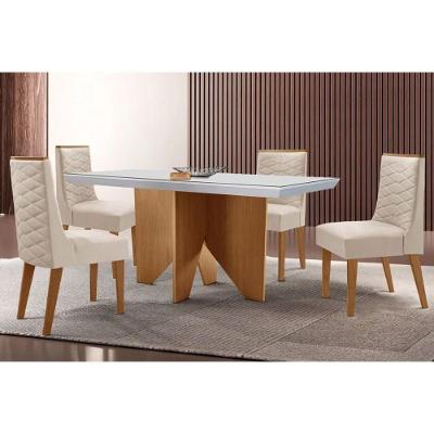 Sala de Jantar Mesa Nevada Curvo 4 Lugares Tampo em MDF com Cadeiras Estofadas Suede Creme 120CM