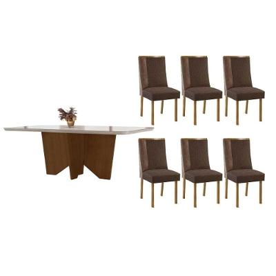 Sala de Jantar Mesa Nevada Curvo 6 Lugares Tampo MDF com Cadeiras Suede Amadeirado 180CM Móveis