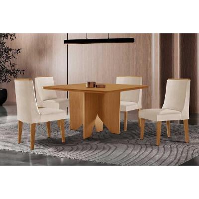 Sala de Jantar Mesa Nevada 4 Lugares Tampo MDF com Canto Curvo 90X90CM Suede Creme Móveis Rufato