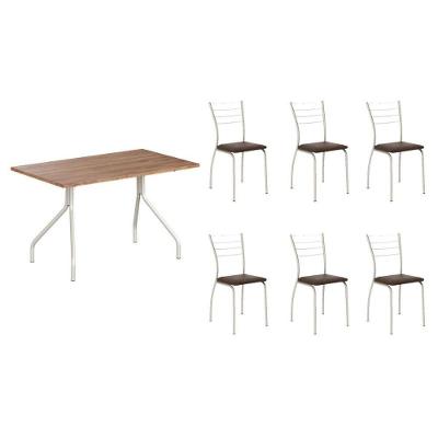 Sala de Jantar Mesa 1556 6 Lugares Tampo MDF Cadeiras Corino Cacau 136CM Móveis Carraro