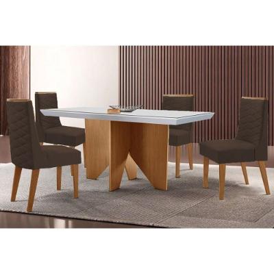 Sala de Jantar Mesa Nevada Curvo 4 Lugares Tampo em MDF com Cadeiras Estofadas Amadeirado 120CM