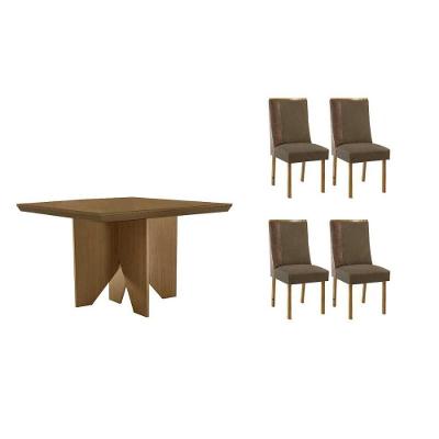 Sala de Jantar Mesa Nevada 4 Lugares Tampo em MDF com Cadeiras Suede Capuccino 90x90cm Móveis Rufato
