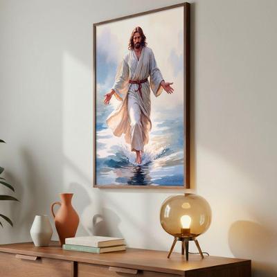Quadro Decorativo Jesus Sobre as Águas Retangular 40X60CM com Moldura de Madeira e Vidro Acrílico