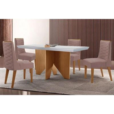 Sala de Jantar Mesa Nevada Curvo 4 Lugares Tampo em MDF com Cadeiras Estofadas Capuccino 120CM