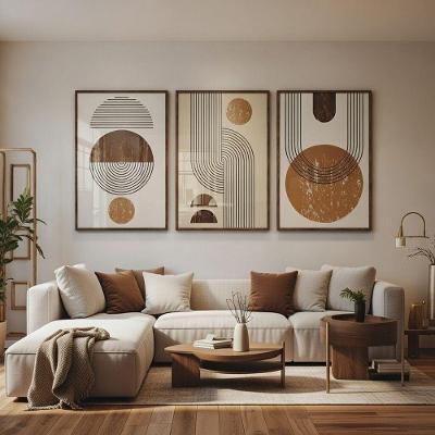 Quadro Decorativo Abstrato Minimalista Kit 3 Peças 40x60 50x75 60x90cm com Moldura Madeira