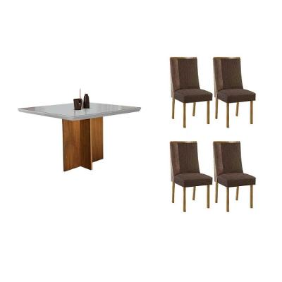 Sala de Jantar Berlim Curvo 4 Lugares Tampo MDF Bordas Arredondadas Amadeirado-Off White 90CM Móveis