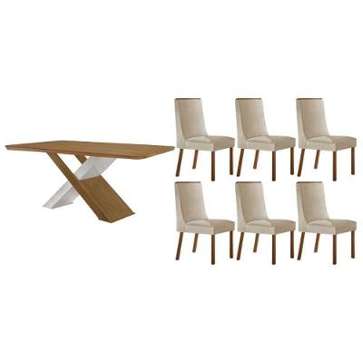 Sala de Jantar Imperatriz Curvo 6 Lugares Tampo MDF com Cadeiras Suede Creme 180CM Móveis Rufato