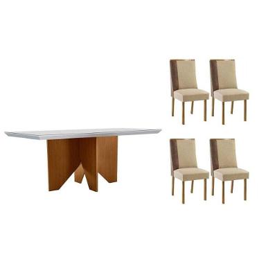 Sala de Jantar Mesa Nevada Curvo 4 Lugares Tampo MDF com Cadeiras Estofadas Suede Amadeirado 120CM