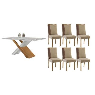 Sala de Jantar Imperatriz Curvo 6 Lugares Tampo MDF Fosco Amadeirado 180CM Móveis Rufato