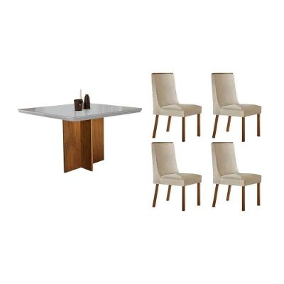 Sala de Jantar Berlim Curvo 4 Lugares Tampo em Vidro Suede Creme 90CM Móveis Rufato