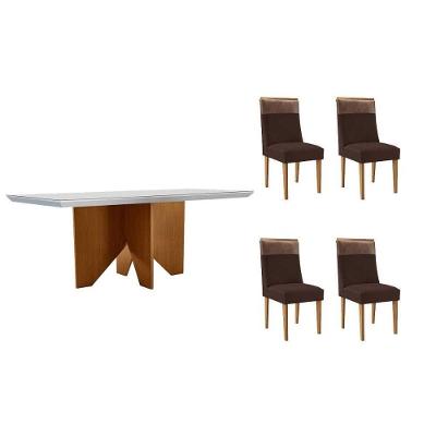 Sala de Jantar Mesa Nevada Curvo 4 Lugares Tampo MDF com Cadeiras Estofadas Off White e Capuccino