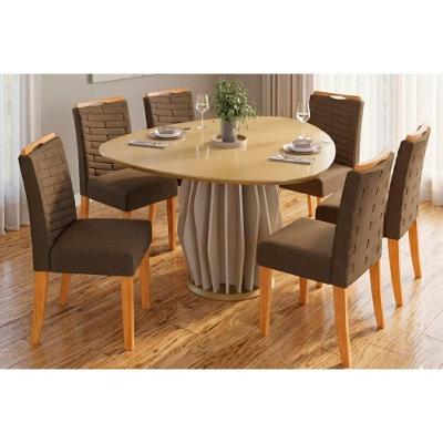 Conjunto Jantar Tokyo 6 Lugares Tampo MDF Cadeiras Suede Off White Dourado 136CM DJ Móveis