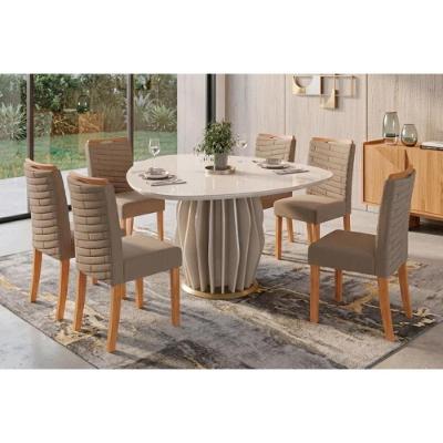 Conjunto Jantar Tokyo 6 Lugares Tampo Vidro Cadeiras Estofadas Off White 136CM DJ Móveis