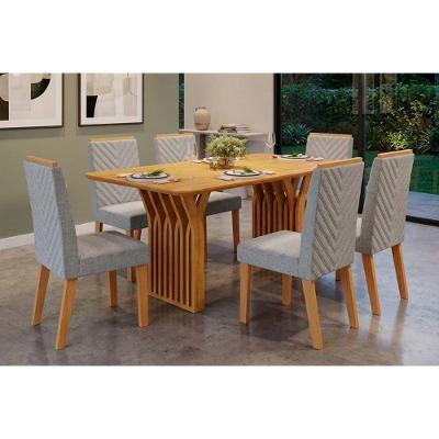Conjunto Jantar Yara 6 Lugares Tampo MDF Cadeiras Estofadas Linho Neblina 170X100CM DJ Móveis