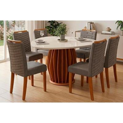 Conjunto Jantar Tokyo 6 Lugares Tampo Vidro Chanfrado Madeirado 136CM DJ Móveis