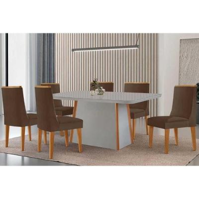 Sala de Jantar Tilia Curvo 6 Lugares Tampo MDF Cadeiras Suede Marrom 180CM Móveis Rufato