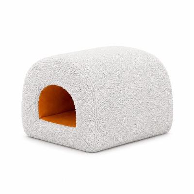Puff Fluxo Redondo Assento Bouclé Revestimento Courino Cinza e Caramelo Sallar