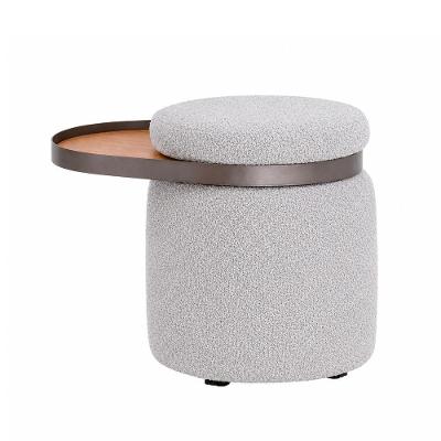 Puff Linen com Mesa Auxiliar Aro Titânio Poliéster Bouclé Cinza