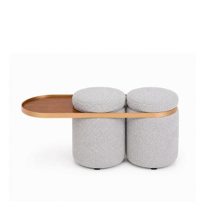 Puff Linen 2 Lugares Redondo Bouclé Revestimento Sintético Cinza com Mesa Auxiliar Sallar Home